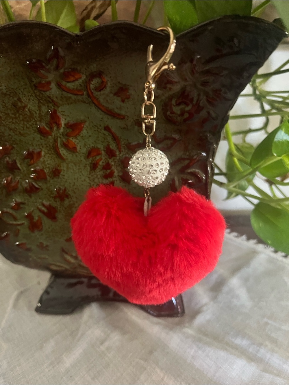 Gold-Tone Red Heart Fur Charm Keychain with Crystal Accent